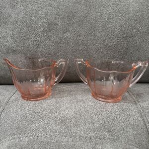 Vintage Pink Depression Glass Creamer & Sugar Bowl Set – Etched Floral - Cottage